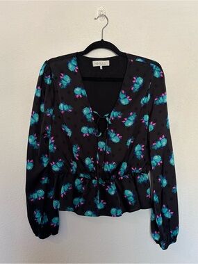 WAYF Floral Polka Dot Peplum Long Sleeve Blouse